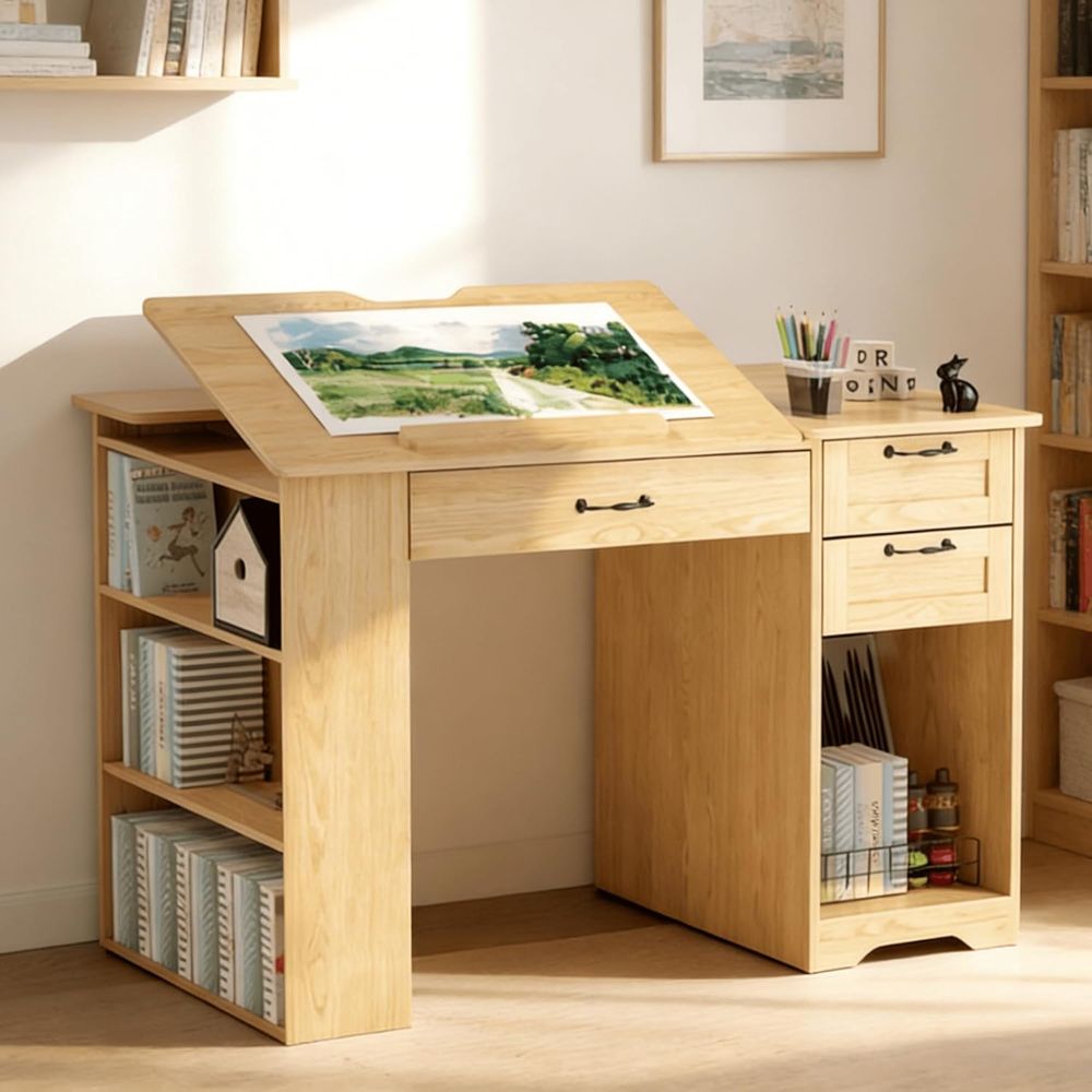 Art & Craft Valley - Adjustable Desk with Storage, Open Shelves,